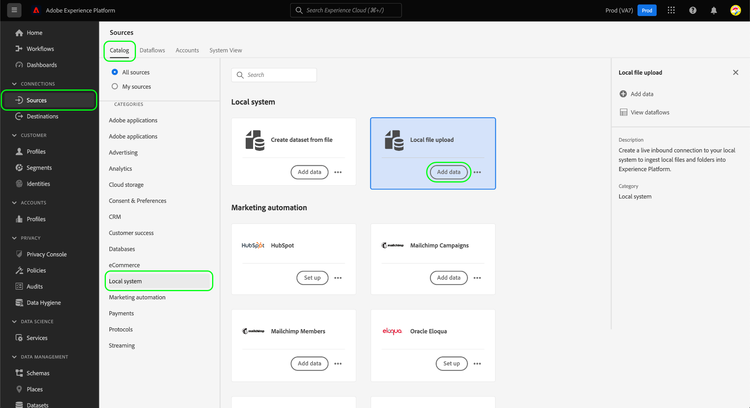 Le catalogue Sources dans l’interface utilisateur de Platform, avec Ajouter des données sous Chargement de fichier local en train d’être sélectionné.