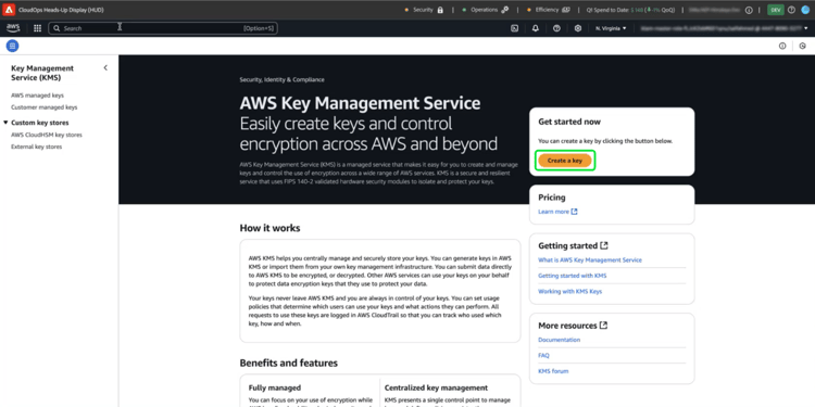 L’espace de travail Service Key Management avec l’option Créer une clé mise en surbrillance.