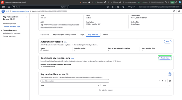 Section des détails de la touche AWS avec l’option Rotation immédiate mise en surbrillance.