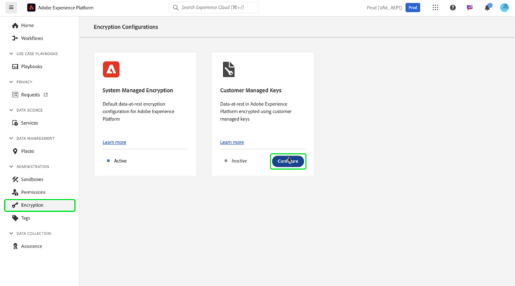 Espace de travail Configuration du chiffrement d’Experience Platform avec l’option Configurer mise en surbrillance dans la vignette Clés gérées par le client.