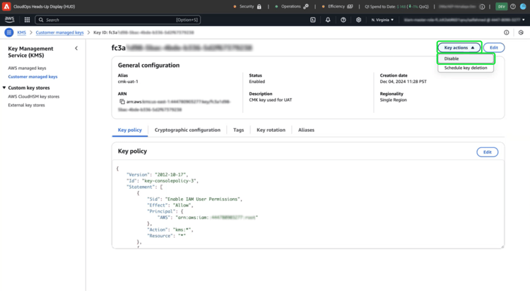 Les détails de votre clé AWS dans l’interface utilisateur AWS KMS avec les actions clés et Désactiver mis en surbrillance.