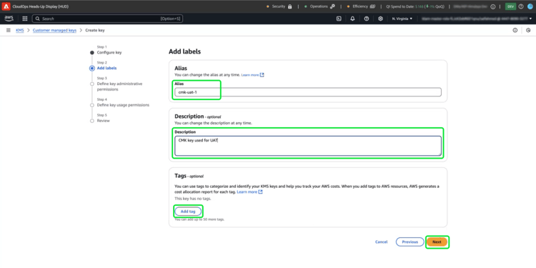 Étape 2 du workflow Configurer les clés avec l’alias, la description, les balises et le suivant mis en surbrillance.