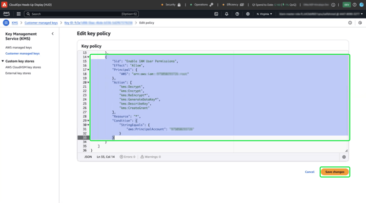 L’espace de travail Modifier la politique clé sur AWS avec l’instruction Objet JSON et Enregistrer les modifications mises en surbrillance.