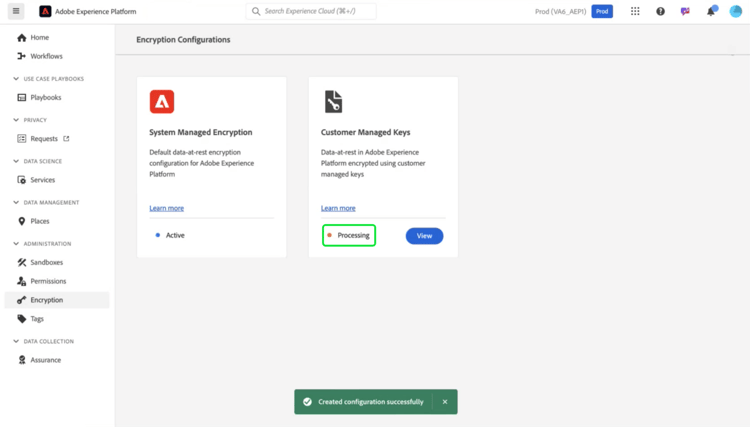Espace de travail Configurations du chiffrement dans l’interface utilisateur d’Experience Platform avec le traitement en surbrillance sur la carte Clés gérées par le client