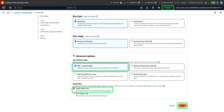 Étape 1 du workflow Configurer les clés avec les options avancées Région AWS, KMS et Région unique mises en surbrillance.