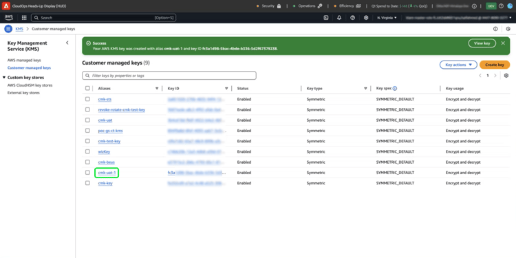 L’espace de travail Clés gérées par le client AWS KMS avec le nouvel alias de clé en surbrillance.