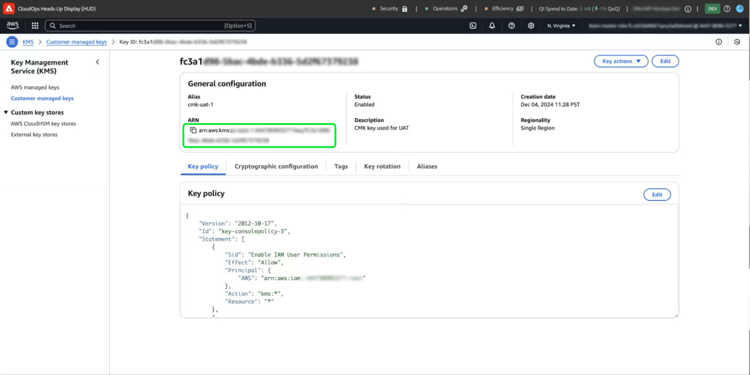 Les détails clés de votre clé gérée par le client AWS KMS avec l’ARN en surbrillance.