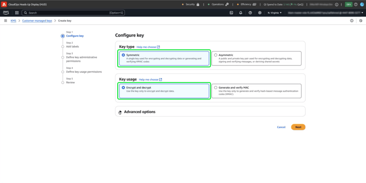 La première étape du workflow Configurer les clés avec les options de base Symétrique et Chiffrer et déchiffrer est mise en surbrillance.