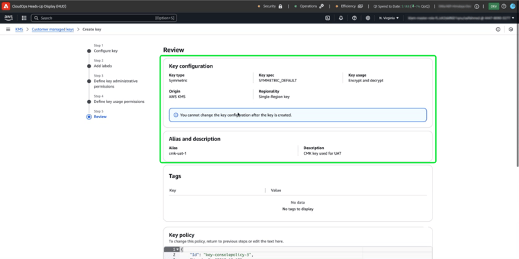 Étape de révision du workflow avec les sections Configuration de clé et Alias et description mises en surbrillance.