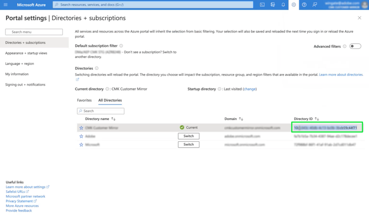 La page Microsoft Azure Paramètres du portail d’applications, Répertoires et abonnements avec l’ID de répertoire en surbrillance.