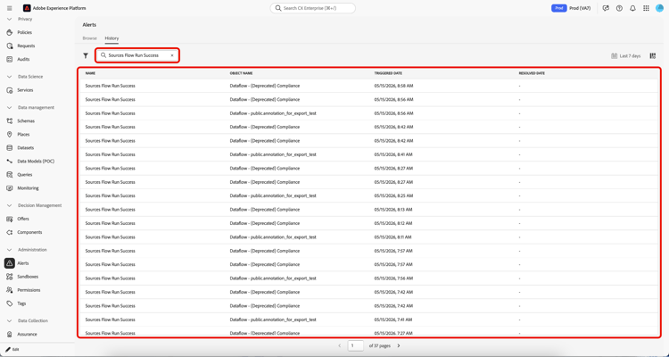 Barre de recherche mise en surbrillance affichant le nom de l’alerte saisi et les résultats de la recherche