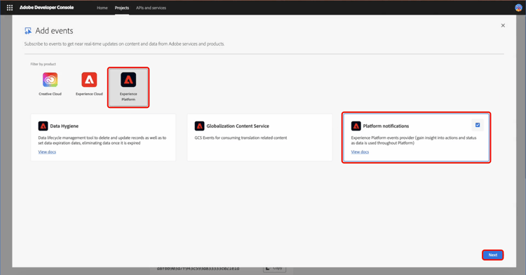 Page Ajouter des événements affichant les notifications Experience Platform et Platform sélectionnées.