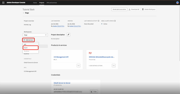 Page d’aperçu Workspace mettant en surbrillance Ajouter un service et un événement.