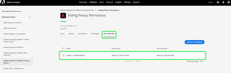 Un profil de produit dans l’Admin Console avec l’onglet Informations d’identification de l’API et une ligne d’informations d’identification du projet mis en surbrillance.