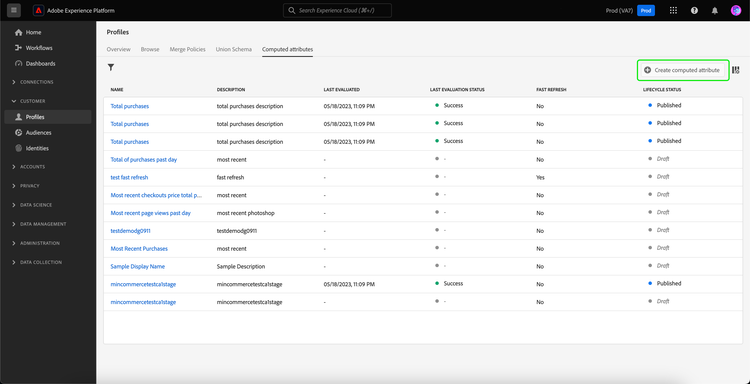 La variable Création d’attributs calculés est mis en surbrillance, ce qui indique aux utilisateurs comment accéder à la page de création d’un attribut calculé.