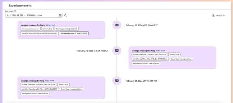 La section Événements d’expérience s’affiche, présentant une chronologie des événements d’expérience contenant le profil.