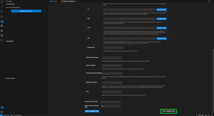Espace de travail de l’assistant Connexion avec Tester la connexion en surbrillance.