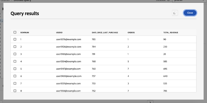 Boîte de dialogue Résultats de la requête pour le cube multidimensionnel, partie 1