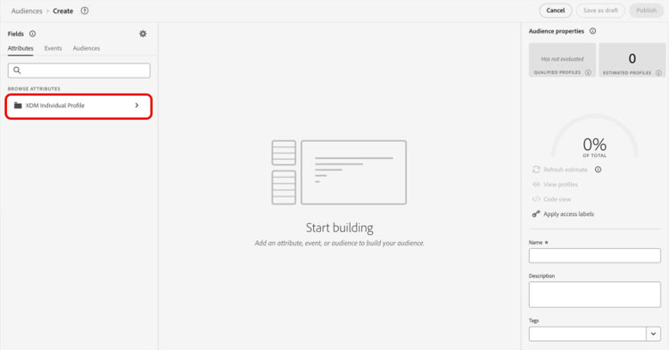L’interface utilisateur de composition d’audience avec les attributs de profil individuels XDM disponibles.