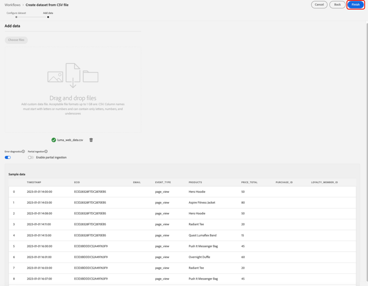 La section « Ajouter des données » du workflow « Créer un jeu de données à partir d’un fichier CSV » avec un aperçu des données et l’option « Terminer » mise en surbrillance.