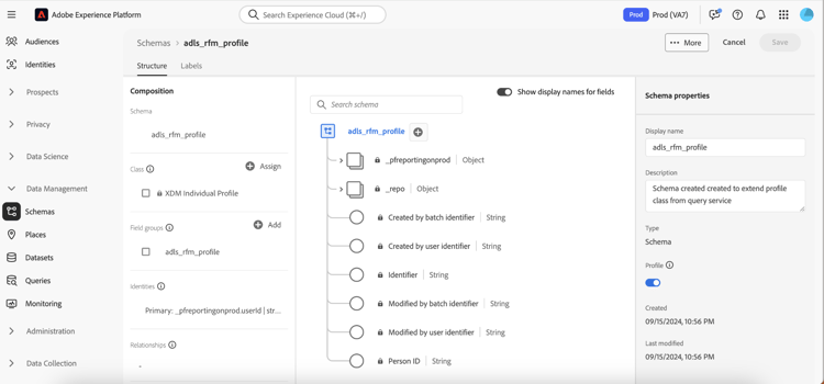 L’espace de travail XDM avec le diagramme « adls_rfm_profile » affiché dans la zone de travail du schéma.