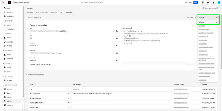 L’onglet Informations d’identification de Query Service avec la liste déroulante de base de données mise en surbrillance.