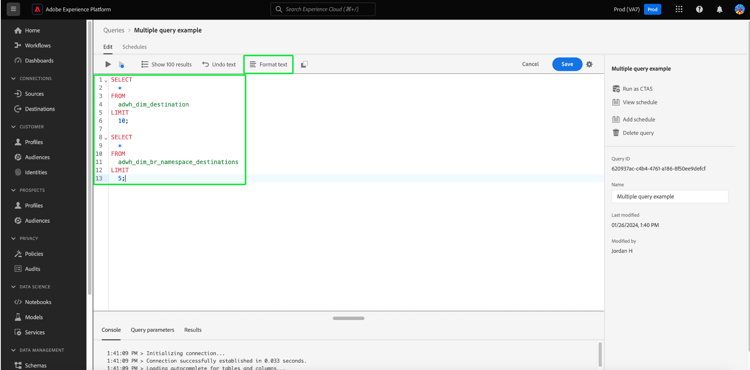 L’éditeur de requêtes avec texte de format et les instructions SQL mises en surbrillance.