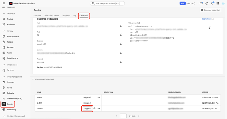 Espace de travail Informations d’identification de Query Service avec les options Requêtes, Informations d’identification et Migrer mises en surbrillance.