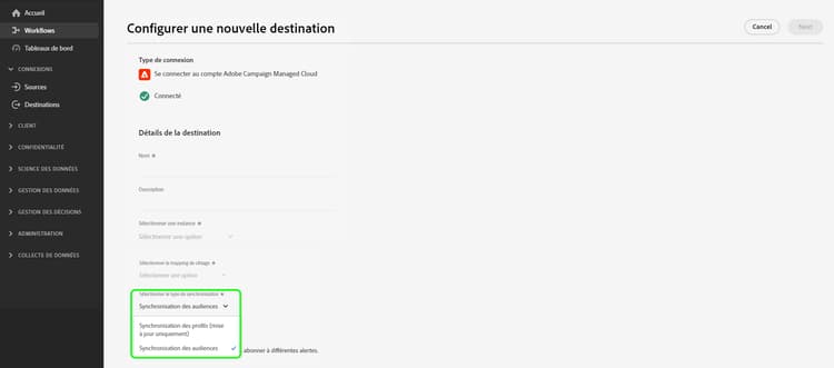 Nouveau sélecteur Sélectionner le type de synchronisation en surbrillance.