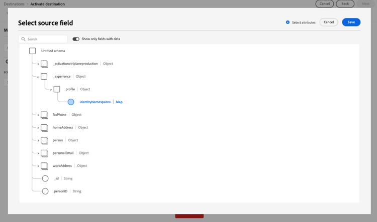 Exportez le champ de type map vers la destination d’entreprise.