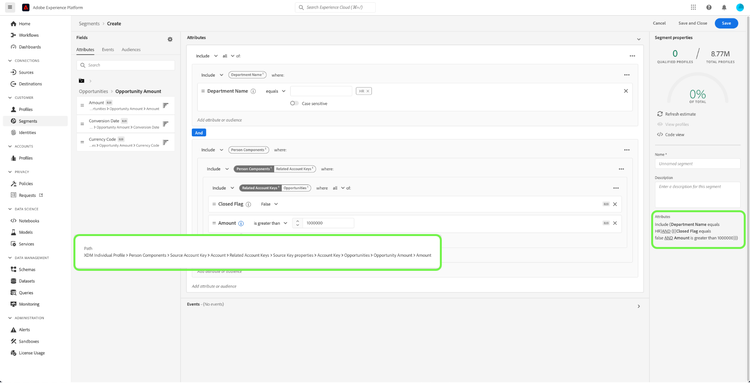 Interface utilisateur affichant la segmentation pour les comptes associés