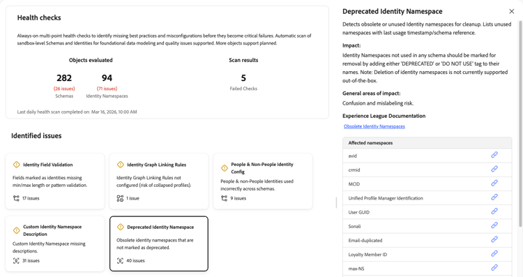 Panneau des détails Espace de noms d’identité obsolète présentant la description, l’impact et la liste des espaces de noms affectés