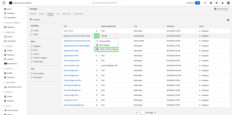 L’interface utilisateur des environnements de test avec l’onglet Packages et le menu d’option de liste déroulante avec l’option Mettre à jour vers le package public mise en surbrillance.