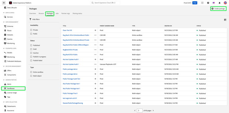 L’interface utilisateur des environnements de test présentant l’option Créer un package mise en surbrillance.