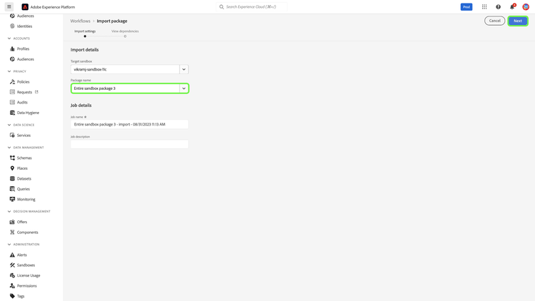 La page des détails de l’importation présentant la liste déroulante Nom du package