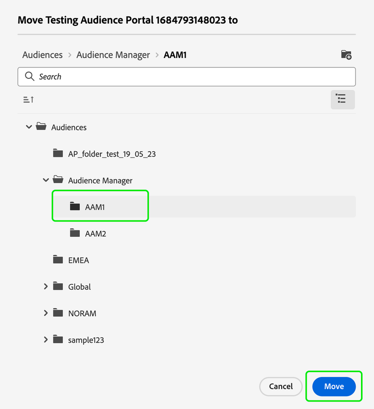 La fenêtre contextuelle Déplacer l’audience vers le dossier s’affiche. Le dossier vers lequel l’audience sera déplacée est mis en surbrillance.