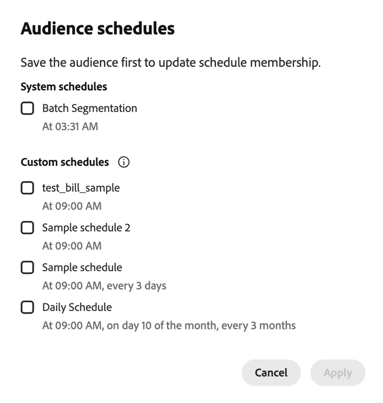 La fenêtre contextuelle Plannings d’audience s’affiche, affichant une liste des plannings auxquels vous pouvez ajouter l’audience.