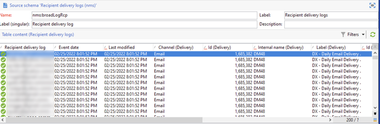 Les logs de diffusion des destinataires saffichent avec des informations sur leur nom modifié, canal de diffusion, nom de diffusion interne et libellé.