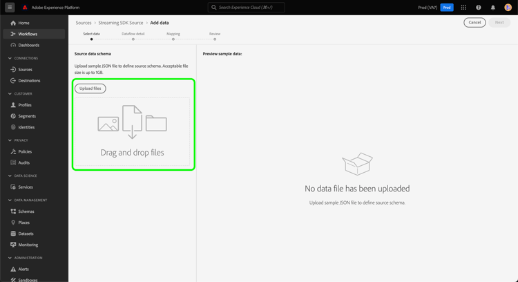 L’étape d’ajout de données du workflow des sources.