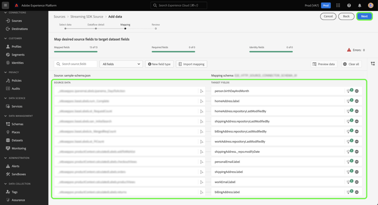 L’étape de mappage du workflow des sources.