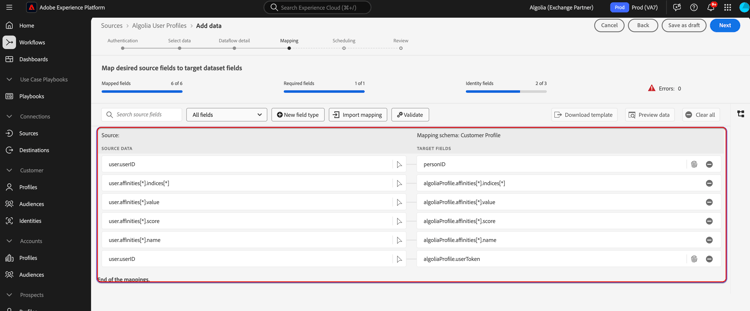 Étape de mappage du workflow des sources.