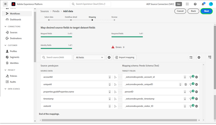 L’étape de mappage du workflow des sources.