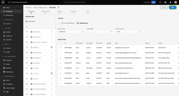 La page d’aperçu des données de l’espace de travail des sources.