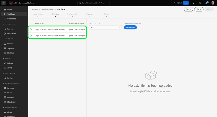 L’étape de sélection des données du workflow des sources avec l’authentification par rubrique et par abonnement.