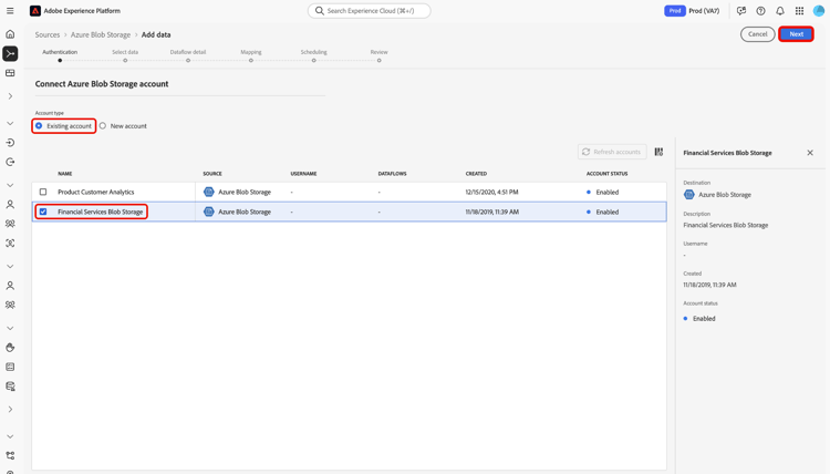 L’interface source existante pour le stockage Azure Blob.