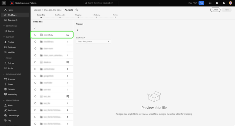 Interface d’ajout de données de l’espace de travail des sources.