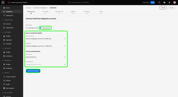 Nouvelle étape d’authentification du compte dans le workflow des sources.