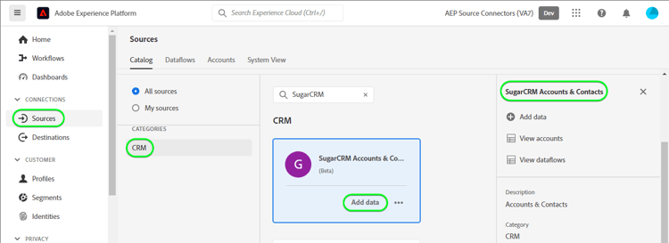 Copie d’écran de l’interface utilisateur de Platform pour le catalogue avec la carte Comptes et contacts SugarCRM1