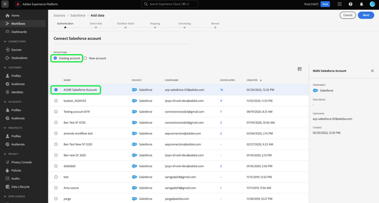 Liste des comptes Salesforce authentifiés qui existent déjà dans votre organisation.