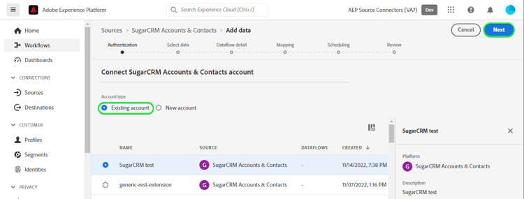 Copie d’écran de l’interface utilisateur de Platform pour le compte Connecter des comptes et des contacts SugarCRM avec un compte existant